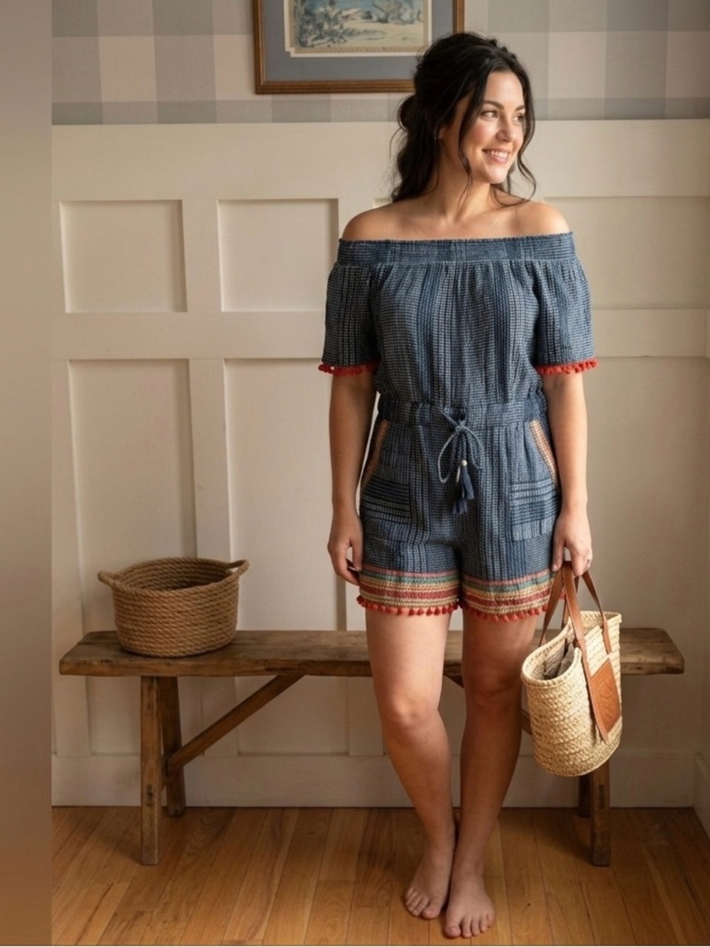 THML Cotton Navy Blue Off-Shoulder Romper with Red Pom Trim Medium